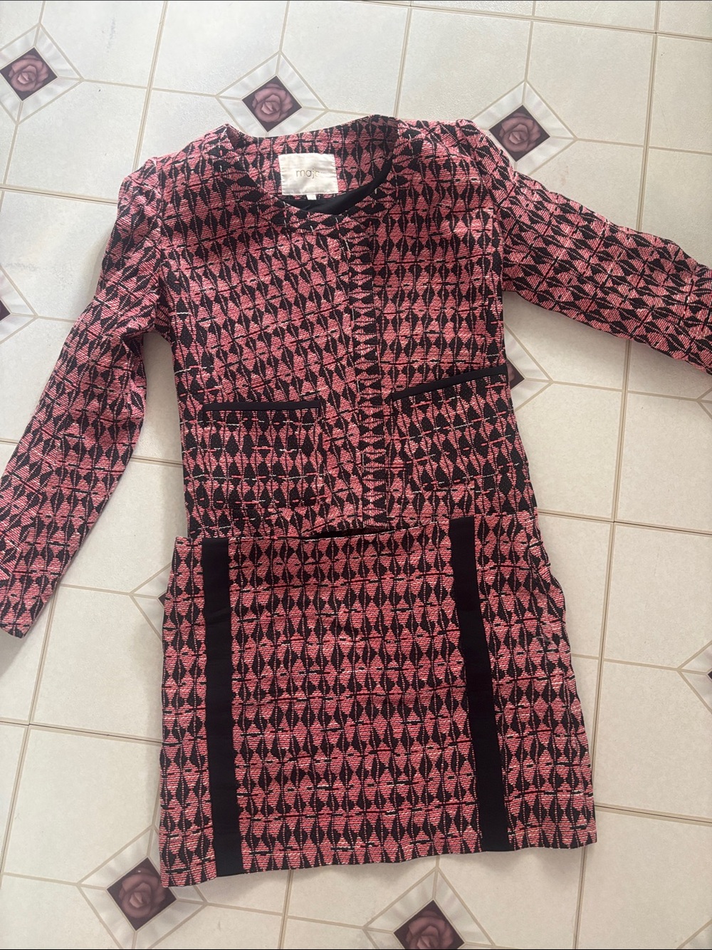 Maje Pink and Black Patterned Jacket Dress